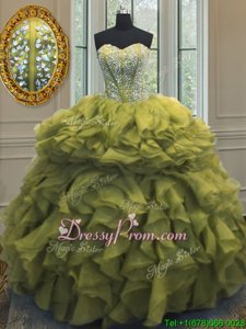 Customized Olive Green Lace Up Sweetheart Beading and Ruffles 15th Birthday Dress Organza Sleeveless