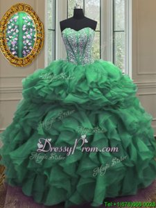 Ideal Floor Length Green Quinceanera Gowns Organza Sleeveless Spring and Summer and Fall and Winter Beading and Ruffles