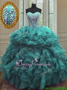 Extravagant Floor Length Turquoise 15 Quinceanera Dress Organza Sleeveless Spring and Summer and Fall and Winter Beading and Ruffles