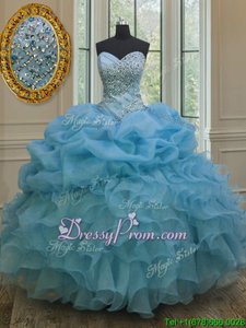 Eye-catching Baby Blue Organza Lace Up Sweetheart Sleeveless Floor Length Quinceanera Dresses Beading and Ruffles and Pick Ups