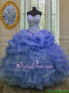 Glittering Organza Sweetheart Sleeveless Lace Up Beading and Ruffles and Pick Ups Vestidos de Quinceanera inBlue