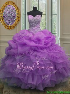 Trendy Sleeveless Organza Floor Length Lace Up 15th Birthday Dress inLavender forSpring and Summer and Fall and Winter withBeading and Ruffles and Pick Ups