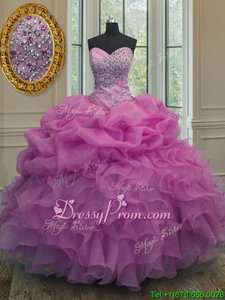 Hot Sale Lilac Sweetheart Neckline Beading and Ruffles and Pick Ups Quince Ball Gowns Sleeveless Lace Up
