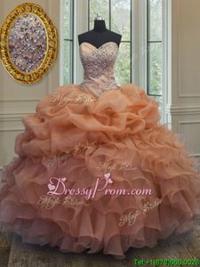 New Style Orange Organza Lace Up 15th Birthday Dress Sleeveless Floor Length Beading and Ruffles and Pick Ups