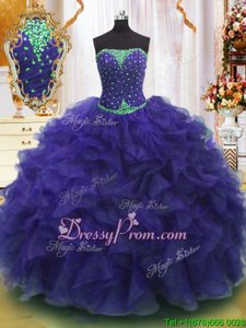 Modern Purple Organza Lace Up Strapless Sleeveless Floor Length Sweet 16 Dresses Beading and Ruffles