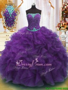 Sweet Floor Length Lace Up Quinceanera Dress Purple and In forMilitary Ball and Sweet 16 and Quinceanera withBeading and Ruffles