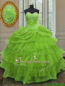 Shining Beading and Ruffled Layers and Pick Ups Sweet 16 Dress Yellow Green Lace Up Sleeveless Floor Length