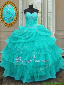 Fine Aqua Blue Sleeveless Organza Lace Up Ball Gown Prom Dress forMilitary Ball and Sweet 16 and Quinceanera