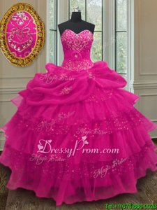 Custom Designed Sweetheart Sleeveless Organza and Sequined Quinceanera Dresses Beading and Ruffled Layers and Sequins and Pick Ups Lace Up