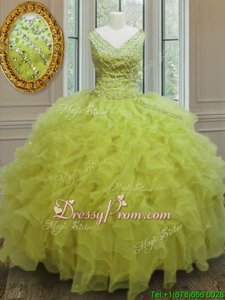 Best Selling Yellow Green Sleeveless Floor Length Beading and Ruffles Zipper Sweet 16 Quinceanera Dress