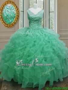 Beauteous Beading and Ruffles Ball Gown Prom Dress Apple Green Zipper Sleeveless Floor Length
