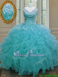 Free and Easy Floor Length Ball Gowns Sleeveless Aqua Blue Quinceanera Dress Zipper