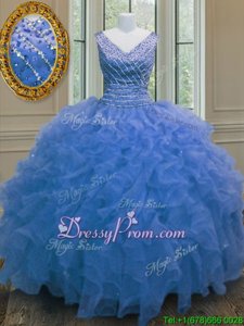 Best Blue Ball Gowns V-neck Sleeveless Organza Floor Length Zipper Beading and Ruffles Quinceanera Gown