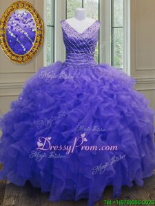 Custom Fit V-neck Sleeveless Zipper 15 Quinceanera Dress Purple Organza