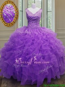 Trendy V-neck Sleeveless Zipper Ball Gown Prom Dress Purple Organza