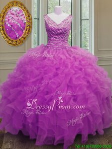 Edgy Floor Length Fuchsia Vestidos de Quinceanera Organza Sleeveless Spring and Summer and Fall and Winter Beading and Ruffles