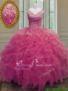 Hot Pink 15th Birthday Dress Military Ball and Sweet 16 and Quinceanera and For withBeading and Ruffles V-neck Sleeveless Zipper