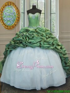 Custom Design Green Lace Up Quinceanera Dress Beading and Appliques and Pick Ups Sleeveless With Train Sweep Train