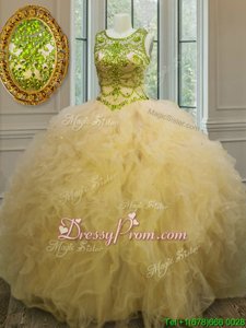 Pretty Sleeveless Lace Up Floor Length Beading and Ruffles Quinceanera Gown