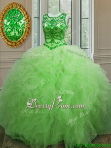 Best Spring Green Ball Gowns Tulle Scoop Sleeveless Beading and Ruffles Floor Length Lace Up Quinceanera Gown