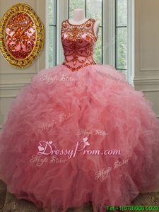 Sweet Watermelon Red Ball Gowns Tulle Scoop Sleeveless Beading and Ruffles Floor Length Lace Up Sweet 16 Dress
