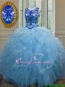 Baby Blue Ball Gowns Beading and Ruffles Vestidos de Quinceanera Lace Up Tulle Sleeveless Floor Length