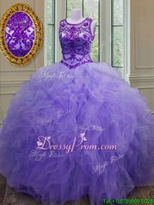 Fashion Lavender Bateau Lace Up Beading and Ruffles Quince Ball Gowns Sleeveless