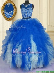 Pretty Sleeveless Floor Length Beading and Ruffles Zipper Quince Ball Gowns with Blue And White