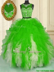 Hot Selling Spring Green Zipper Quinceanera Dress Beading and Ruffles Sleeveless Floor Length