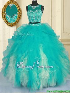 Lovely Turquoise Sleeveless Beading and Ruffles Floor Length Quinceanera Gown