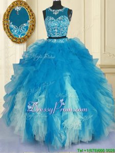 Excellent Blue And White Two Pieces Beading and Ruffles Sweet 16 Dresses Zipper Tulle Sleeveless Floor Length