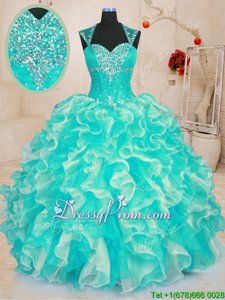Traditional Floor Length Turquoise Ball Gown Prom Dress Organza Sleeveless Spring and Summer and Fall and Winter Beading and Ruffles
