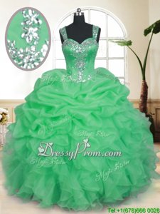Fitting Straps Sleeveless Vestidos de Quinceanera Floor Length Beading and Ruffles and Pick Ups Spring Green Organza