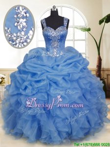 Artistic Straps Sleeveless Sweet 16 Dresses Floor Length Beading and Ruffles and Pick Ups Blue Organza