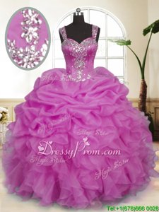 Noble Floor Length Lilac 15 Quinceanera Dress Organza Sleeveless Spring and Summer and Fall and Winter Beading and Ruffles and Pick Ups