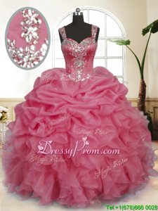Admirable Watermelon Red Zipper Quince Ball Gowns Beading and Ruffles and Pick Ups Sleeveless Floor Length