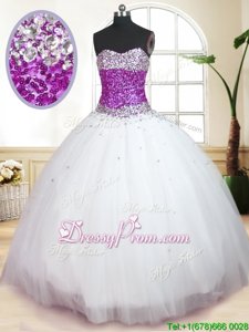 Beauteous White And Purple Ball Gowns Tulle Sweetheart Sleeveless Beading Floor Length Lace Up Sweet 16 Quinceanera Dress