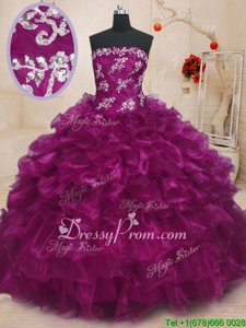 Stunning Fuchsia Lace Up Strapless Beading and Appliques and Ruffles Sweet 16 Dresses Organza Sleeveless