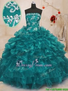 Top Selling Strapless Sleeveless Organza Quinceanera Dresses Beading and Appliques and Ruffles Lace Up