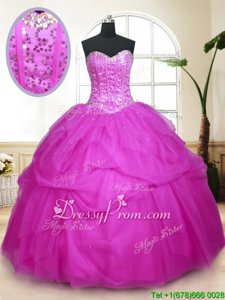 Exquisite Sequins and Pick Ups Sweet 16 Quinceanera Dress Fuchsia Lace Up Sleeveless Floor Length