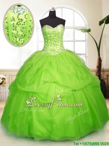 Great Sleeveless Tulle Floor Length Lace Up Quinceanera Gown inYellow Green forSpring and Summer and Fall and Winter withSequins and Pick Ups
