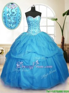 Superior Baby Blue Quinceanera Gown Military Ball and Sweet 16 and Quinceanera and For withSequins and Pick Ups Sweetheart Sleeveless Lace Up