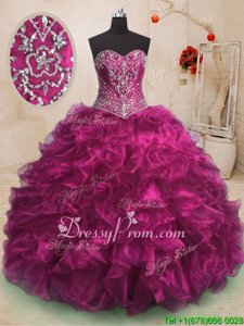 Glamorous With Train Lace Up Quinceanera Gown Fuchsia and In forMilitary Ball and Sweet 16 and Quinceanera withBeading and Ruffles Sweep Train
