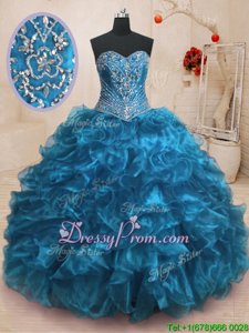 Customized Blue Ball Gowns Organza Sweetheart Sleeveless Beading and Ruffles With Train Lace Up Quinceanera Gowns Sweep Train