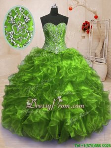 Chic Yellow Green Ball Gowns Beading and Ruffles 15th Birthday Dress Lace Up Organza Sleeveless With Train
