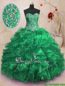 Adorable Green Sleeveless Organza Sweep Train Lace Up Sweet 16 Dress forMilitary Ball and Sweet 16 and Quinceanera