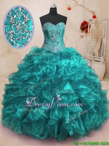 Nice Teal Sweetheart Neckline Beading and Ruffles Sweet 16 Dress Sleeveless Lace Up