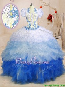 Vintage Multi-color Organza Lace Up 15 Quinceanera Dress Sleeveless With Train Beading and Appliques and Ruffles