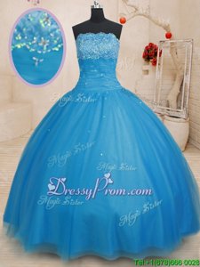 Nice Light Blue Strapless Neckline Beading Sweet 16 Quinceanera Dress Sleeveless Lace Up