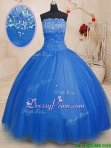 Blue Strapless Neckline Beading Sweet 16 Quinceanera Dress Sleeveless Lace Up